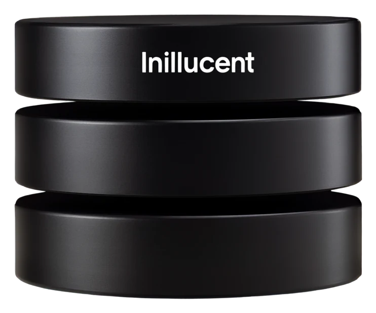 Three matte black metal disks hovering in a stack, the word Inillucent engraved on the top one.