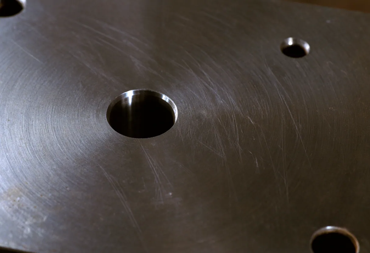 A machined cast-iron instrument plate with one precisely bored circular aperture, lit from the upper left.