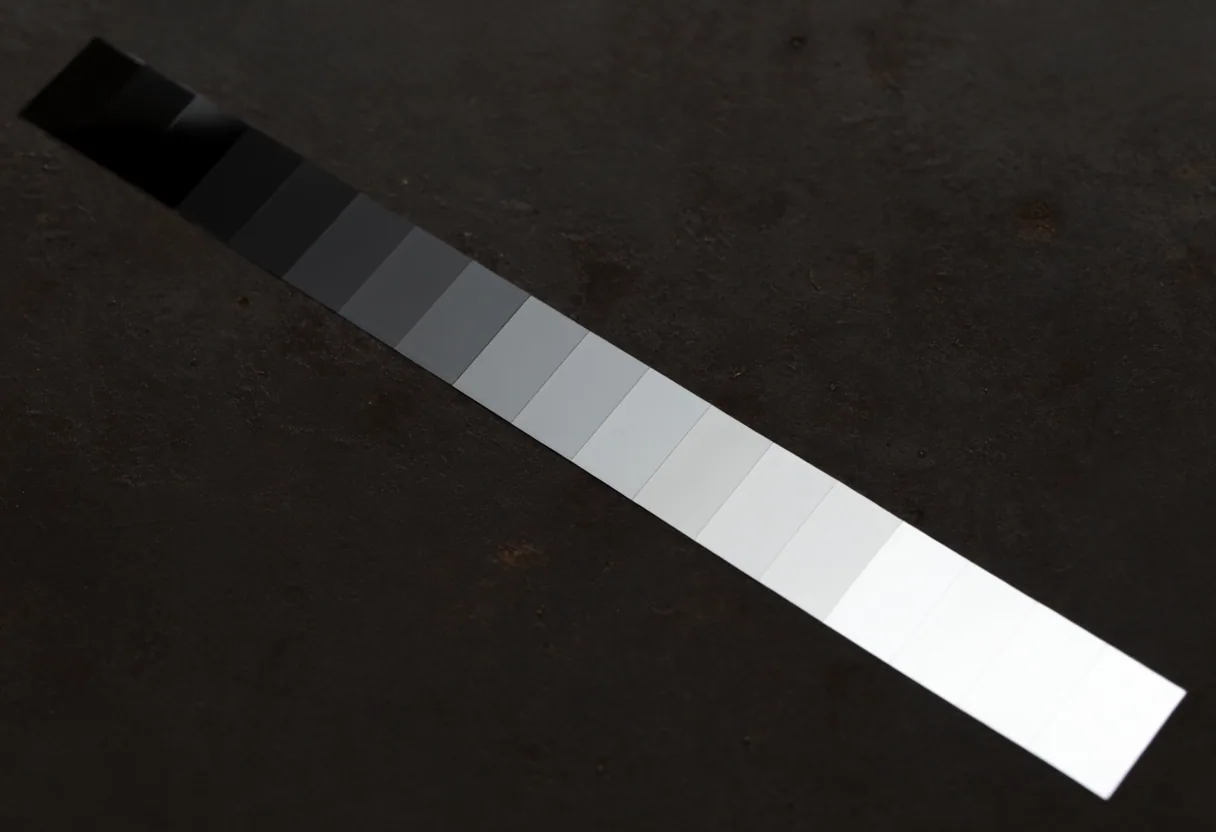 A photographic step wedge lying across oxidised iron, running from opaque black through even greys to clear.
